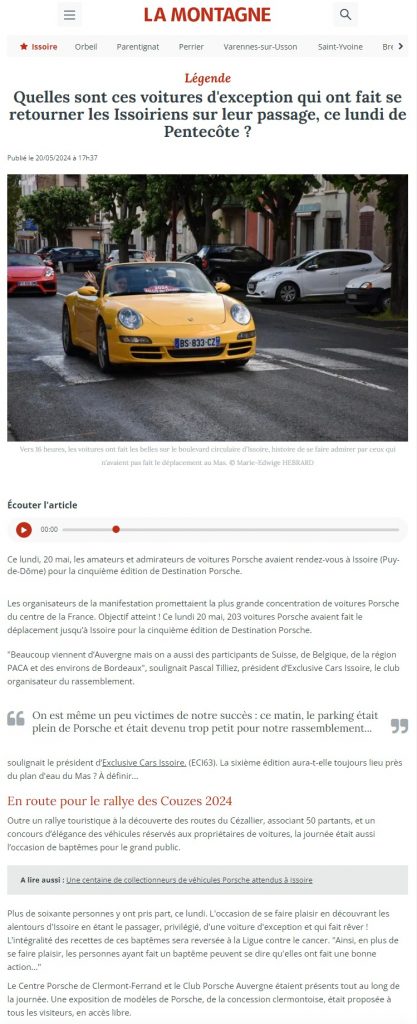 Une Porsche jaune roule à toute allure dans une rue lors de l'événement Destination Porsche à Issoire, en France. La presse capture une foule enthousiaste bordant les trottoirs au milieu de bâtiments historiques. L'article se penche sur ce rallye palpitant dans cette ville animée.