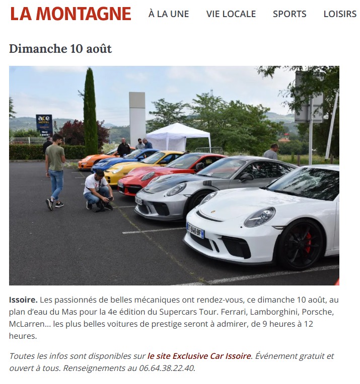 Plusieurs voitures de sport de luxe, dont des modèles de Ferrari, Lamborghini et Porsche, sont garées en rang à l'extérieur lors d'un rassemblement automobile à Issoire, en France. porsche auvergne