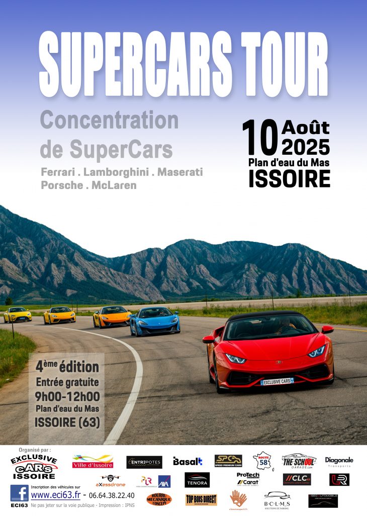 Une rangée de supercars roule sur une route de montagne sous un ciel dégagé, pour promouvoir le rassemblement Supercars Tour, le 10 août 2025, à Issoire, en France. porsche auvergne